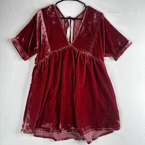 Free People Red Velvet Babydoll Mini Dress V-Neck Empire Waist XS OB701844A